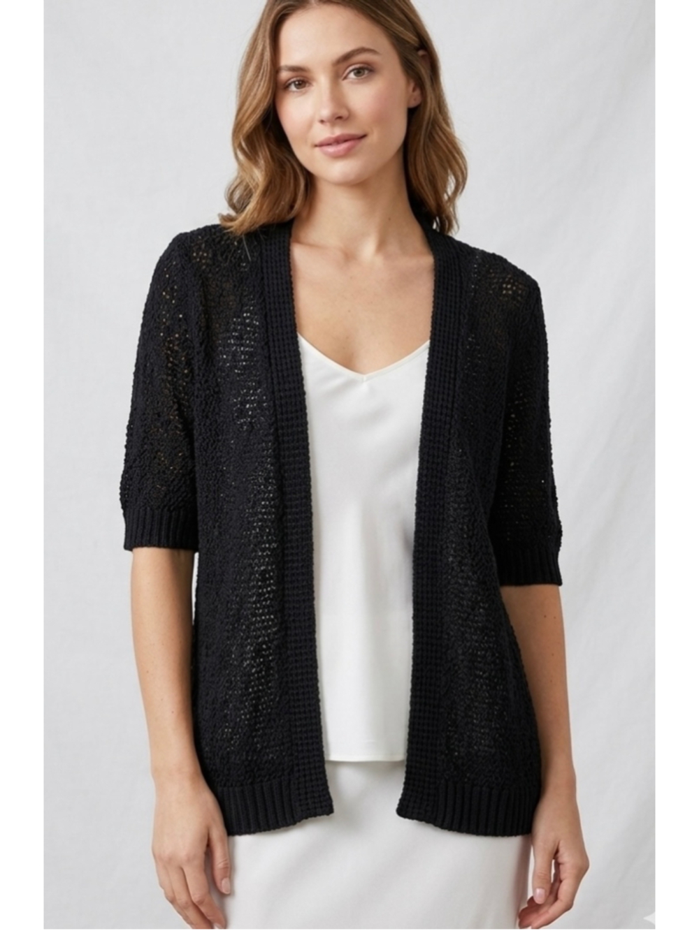 Women's Denver Hayes Black Open Front Cardigan lightweight Sweater Size L. 2066